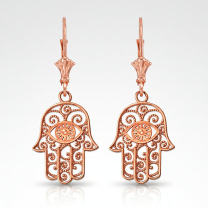 Gold Hamsa Evil Eye Filigree Earrings (yellow, white, rose gold) Karma Blingz