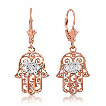 Gold Hamsa Evil Eye Filigree Earrings (yellow, white, rose gold) Karma Blingz