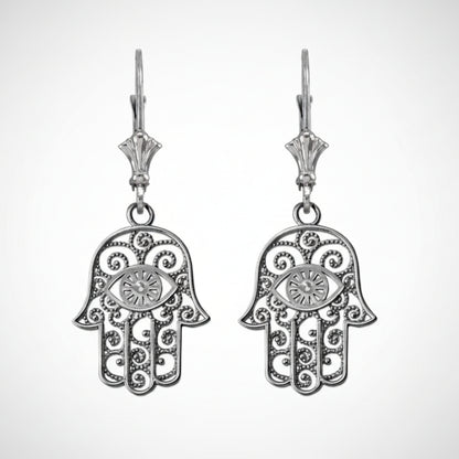 Gold Hamsa Evil Eye Filigree Earrings (yellow, white, rose gold) Karma Blingz