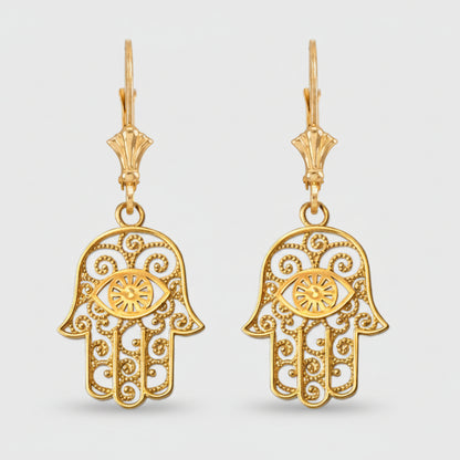 Gold Hamsa Evil Eye Filigree Earrings (yellow, white, rose gold) Karma Blingz