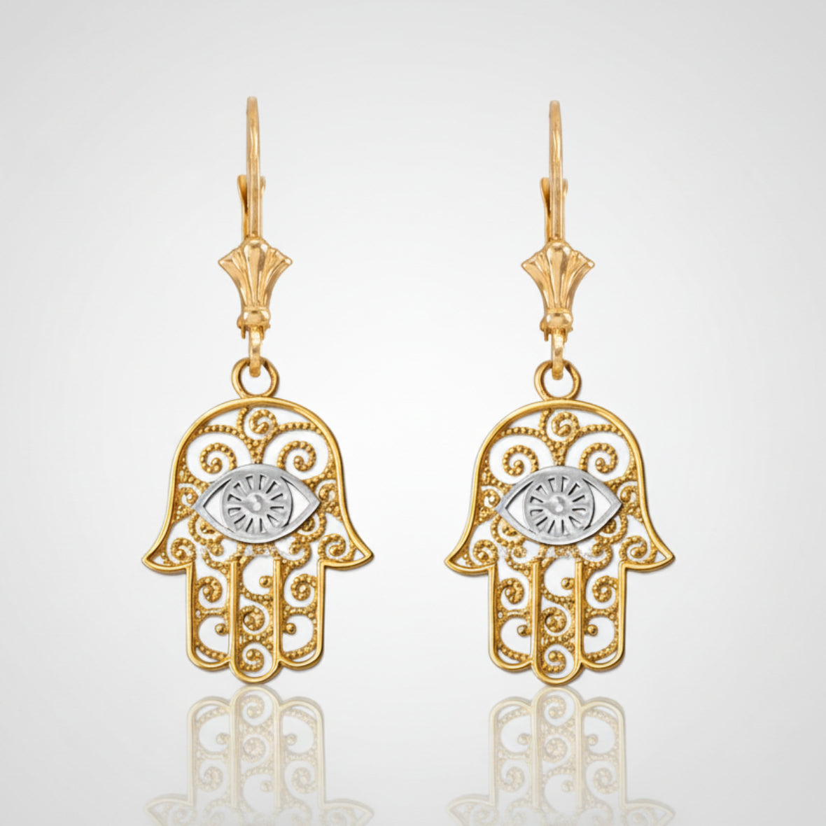 Gold Hamsa Evil Eye Filigree Earrings (yellow, white, rose gold) Karma Blingz
