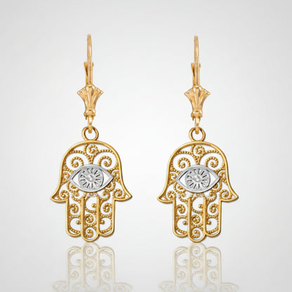 Gold Hamsa Evil Eye Filigree Earrings (yellow, white, rose gold) Karma Blingz