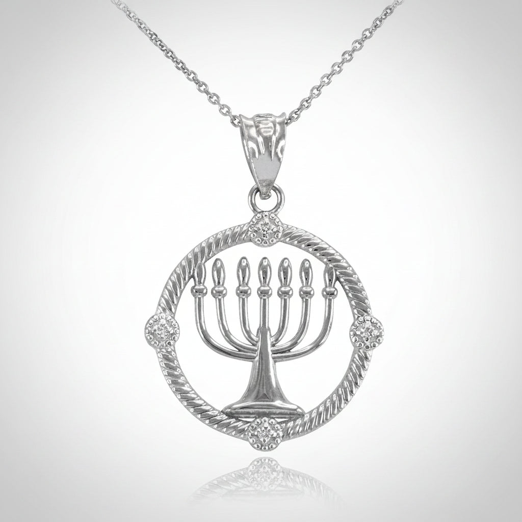 Gold Shabbat Menorah Hebrew Diamond Pendant Necklace (10k, 14k, yellow, white, rose gold) Karma Blingz