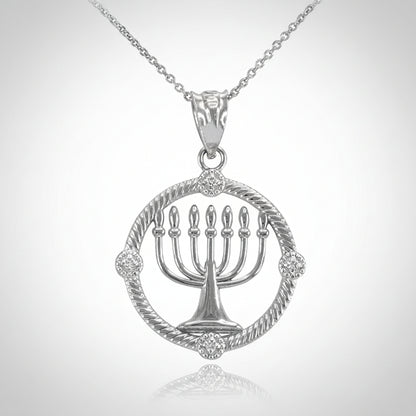 Gold Shabbat Menorah Hebrew Diamond Pendant Necklace (10k, 14k, yellow, white, rose gold) Karma Blingz