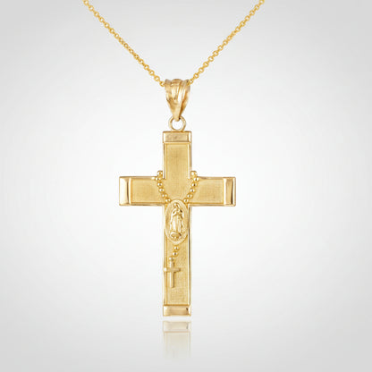 Gold Guadalupe Cross Rosary Pendant Necklace  (10k, 14k, yellow, white, rose gold, two-tone gold) Karma Blingz