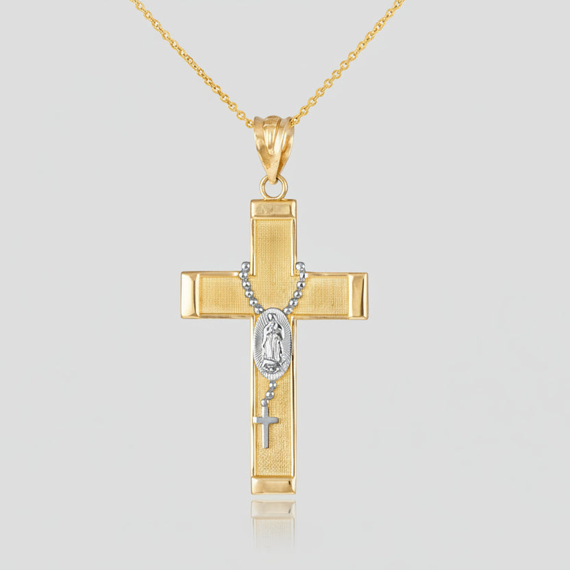 Gold Guadalupe Cross Rosary Pendant Necklace  (10k, 14k, yellow, white, rose gold, two-tone gold) Karma Blingz