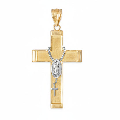 Gold Guadalupe Cross Rosary Pendant Necklace  (10k, 14k, yellow, white, rose gold, two-tone gold) Karma Blingz