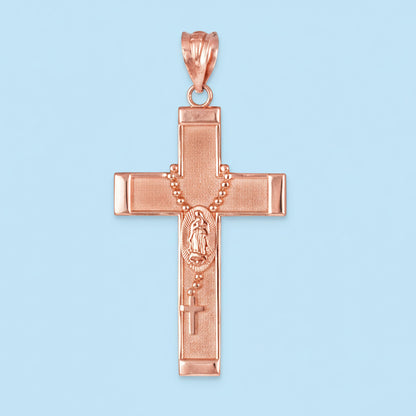 Gold Guadalupe Cross Rosary Pendant Necklace  (10k, 14k, yellow, white, rose gold, two-tone gold) Karma Blingz