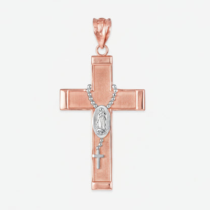 Gold Guadalupe Cross Rosary Pendant Necklace  (10k, 14k, yellow, white, rose gold, two-tone gold) Karma Blingz