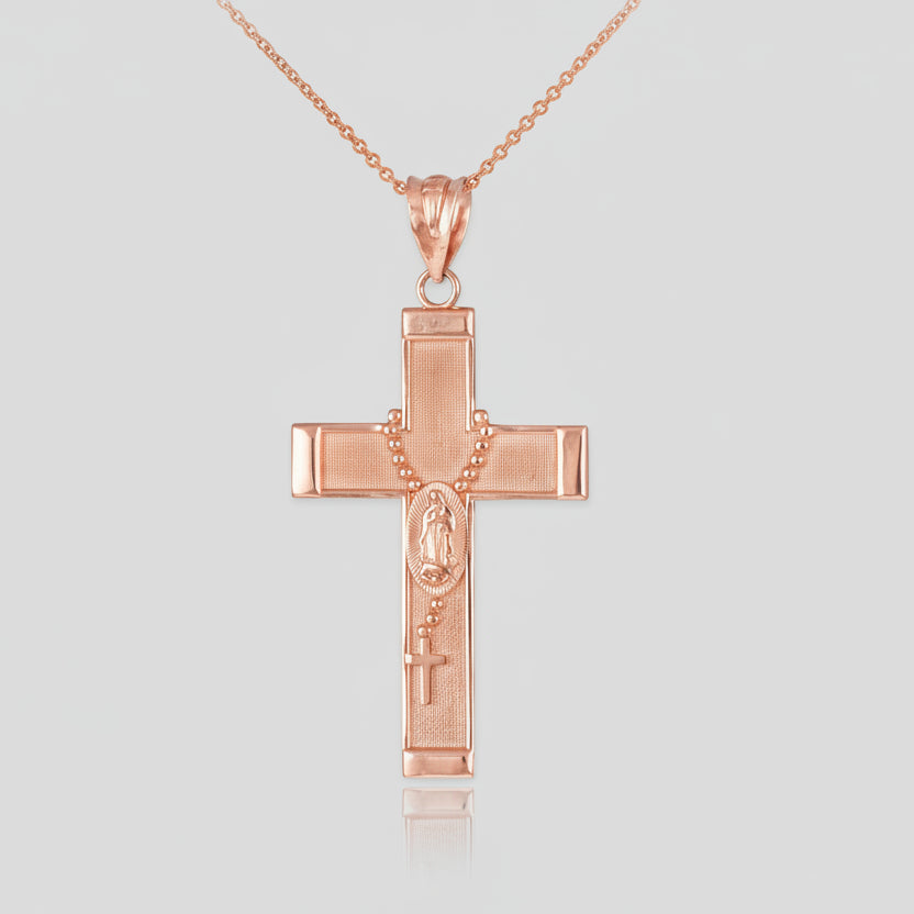 Gold Guadalupe Cross Rosary Pendant Necklace  (10k, 14k, yellow, white, rose gold, two-tone gold) Karma Blingz