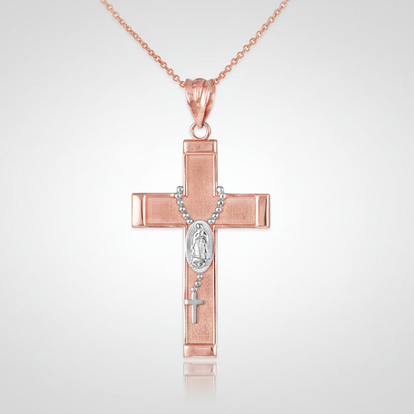 Gold Guadalupe Cross Rosary Pendant Necklace  (10k, 14k, yellow, white, rose gold, two-tone gold) Karma Blingz