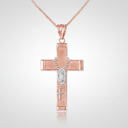 Gold Guadalupe Cross Rosary Pendant Necklace  (10k, 14k, yellow, white, rose gold, two-tone gold) Karma Blingz