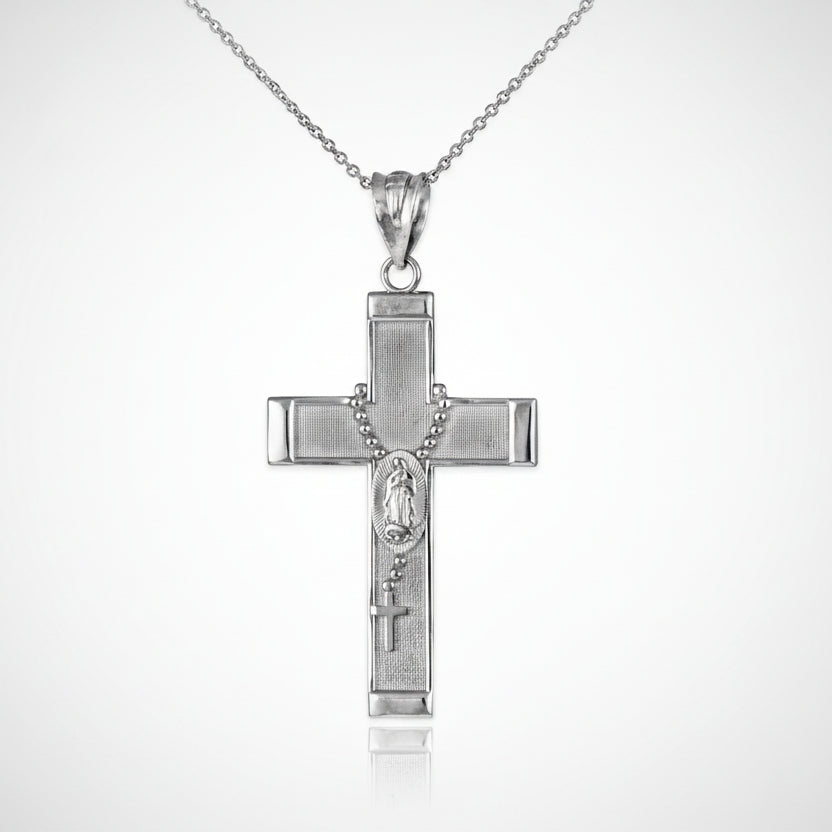 Gold Guadalupe Cross Rosary Pendant Necklace  (10k, 14k, yellow, white, rose gold, two-tone gold) Karma Blingz