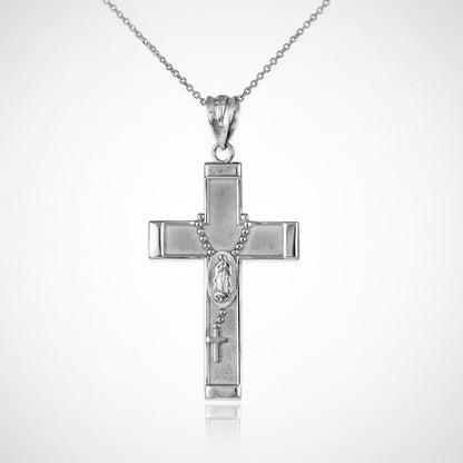 Gold Guadalupe Cross Rosary Pendant Necklace  (10k, 14k, yellow, white, rose gold, two-tone gold) Karma Blingz