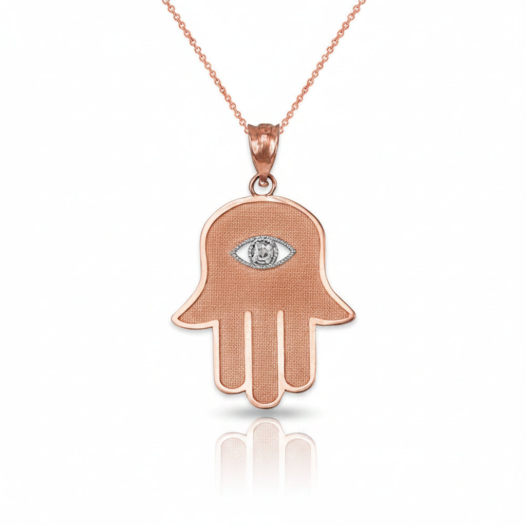 Gold Hamsa Clear CZ Evil Eye Pendant Necklace (10k, 14k, yellow, white, rose gold) Karma Blingz