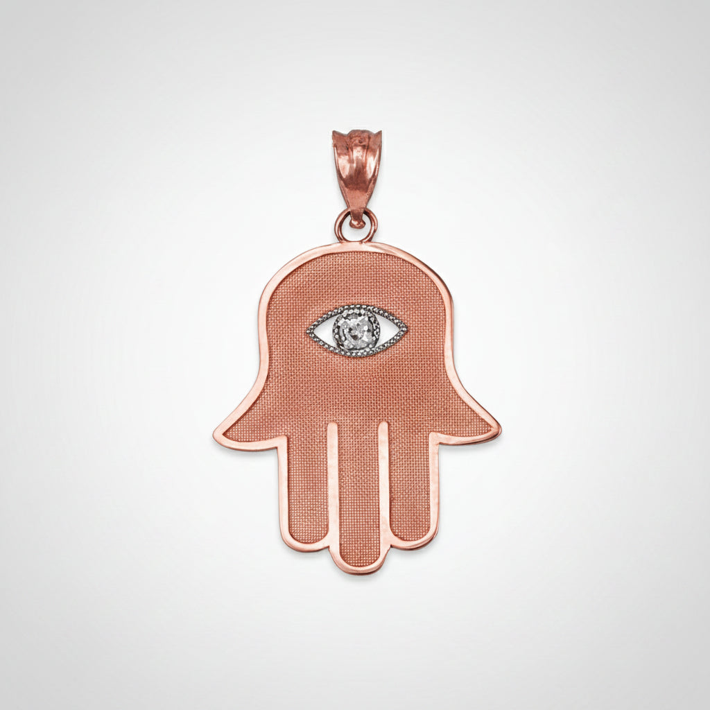 Gold Hamsa Clear CZ Evil Eye Pendant Necklace (10k, 14k, yellow, white, rose gold) Karma Blingz