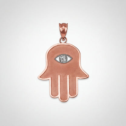 Gold Hamsa Clear CZ Evil Eye Pendant Necklace (10k, 14k, yellow, white, rose gold) Karma Blingz