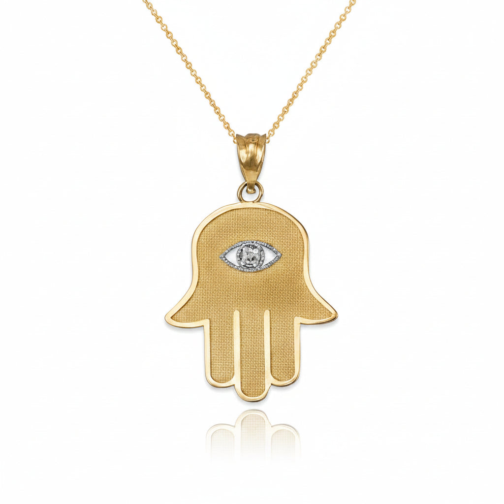 Gold Hamsa Clear CZ Evil Eye Pendant Necklace (10k, 14k, yellow, white, rose gold) Karma Blingz