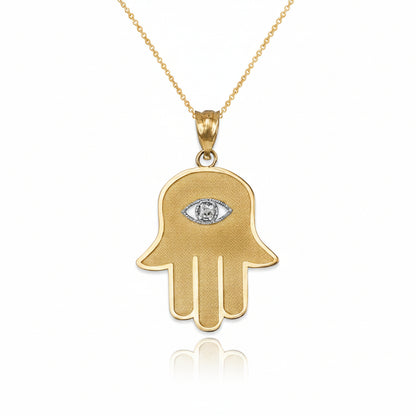 Gold Hamsa Clear CZ Evil Eye Pendant Necklace (10k, 14k, yellow, white, rose gold) Karma Blingz