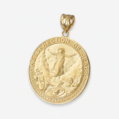 Gold Resurrection of Jesus Round Medallion Pendant Necklace (yellow, white, rose gold, 10k, 14k) Karma Blingz