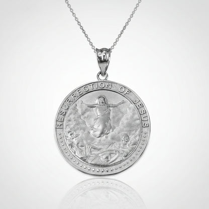 White Gold Resurrection of Jesus Round Medallion Pendant Necklace (yellow, white, rose gold, 10k, 14k) Karma Blingz