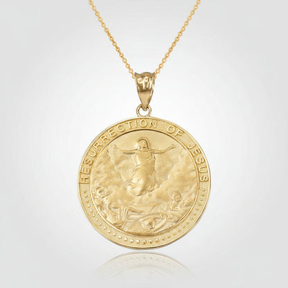 Gold Resurrection of Jesus Round Medallion Pendant Necklace (yellow, white, rose gold, 10k, 14k) Karma Blingz