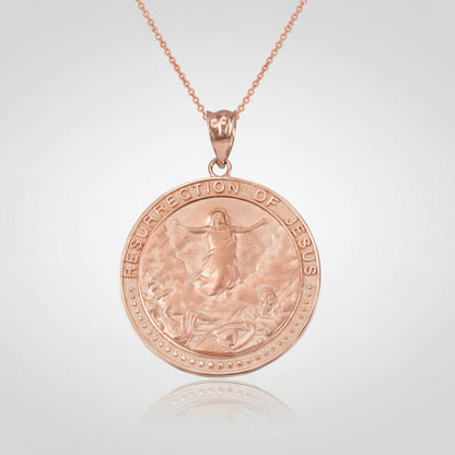 Rose Gold Resurrection of Jesus Round Medallion Pendant Necklace (yellow, white, rose gold, 10k, 14k) Karma Blingz