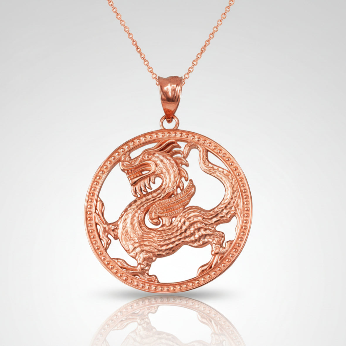 Gold Chinese Dragon Open Medallion Pendant Necklace (yellow, white, rose gold, 10k, 14k) Karma Blingz