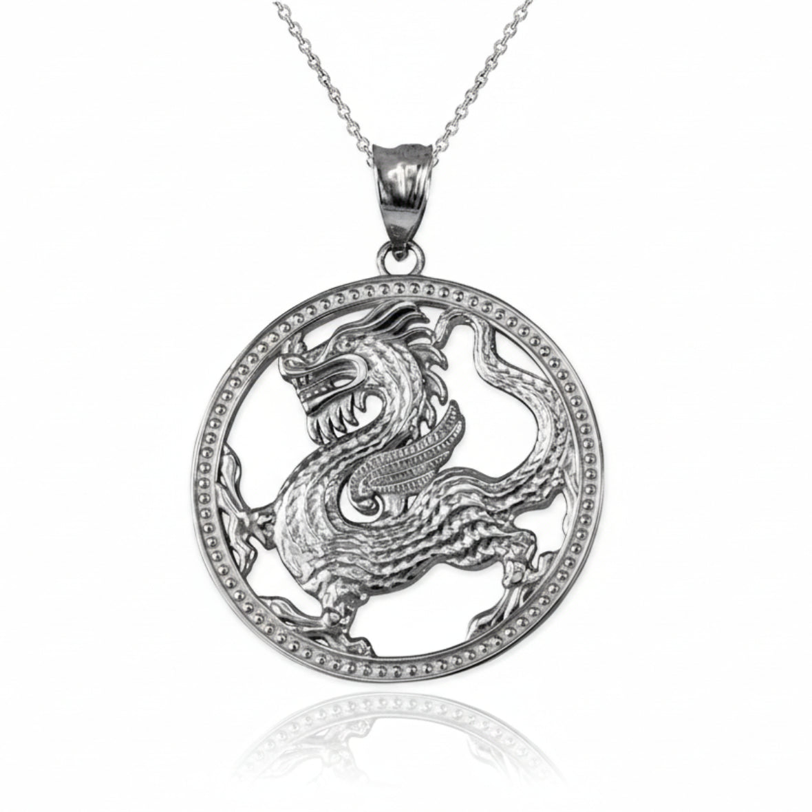 Gold Chinese Dragon Open Medallion Pendant Necklace (yellow, white, rose gold, 10k, 14k) Karma Blingz