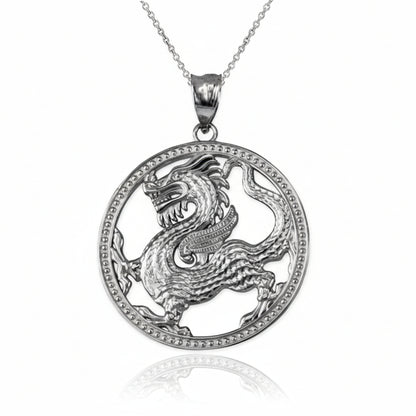 Gold Chinese Dragon Open Medallion Pendant Necklace (yellow, white, rose gold, 10k, 14k) Karma Blingz