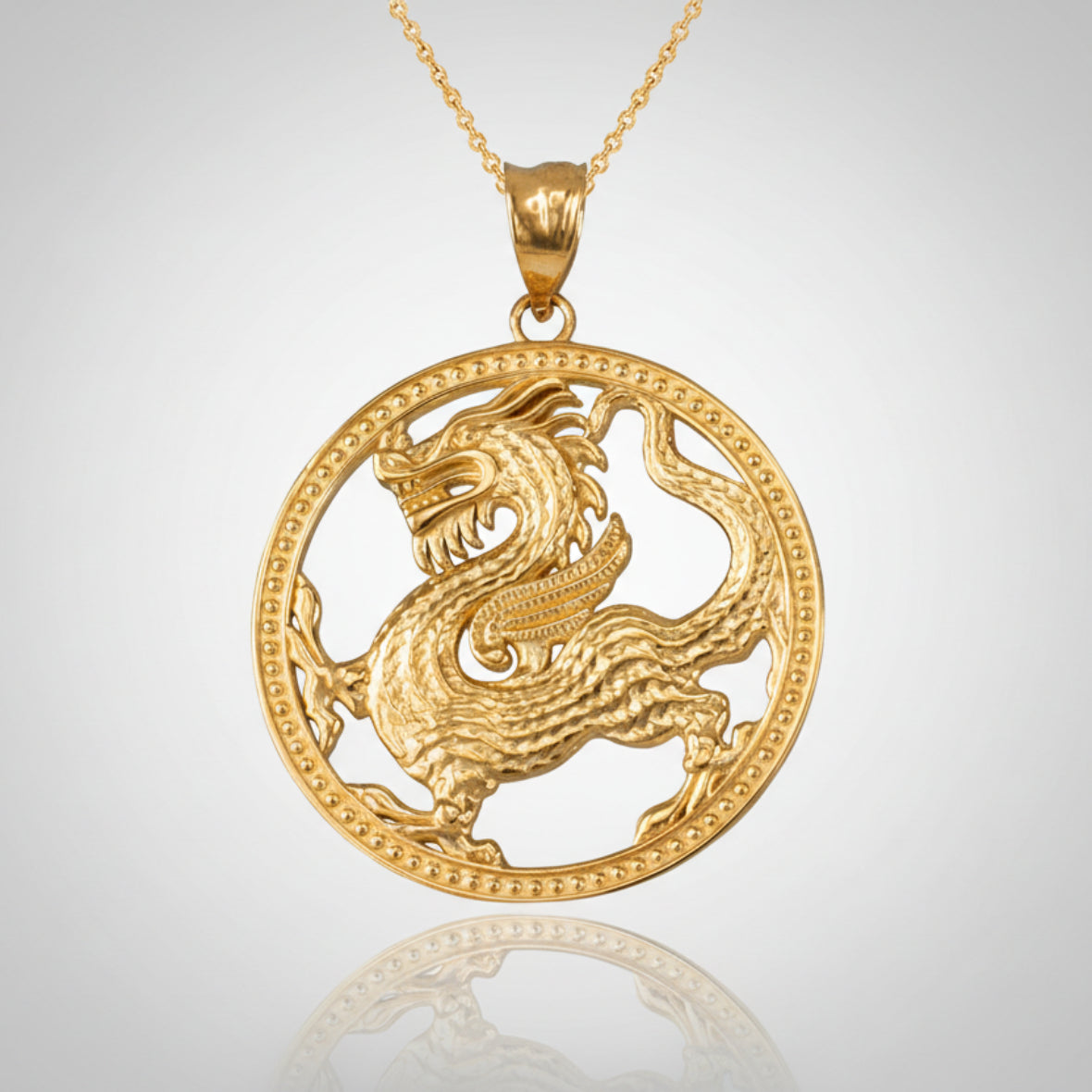 Gold Chinese Dragon Open Medallion Pendant Necklace (yellow, white, rose gold, 10k, 14k) Karma Blingz