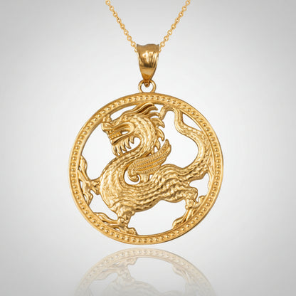 Gold Chinese Dragon Open Medallion Pendant Necklace (yellow, white, rose gold, 10k, 14k) Karma Blingz