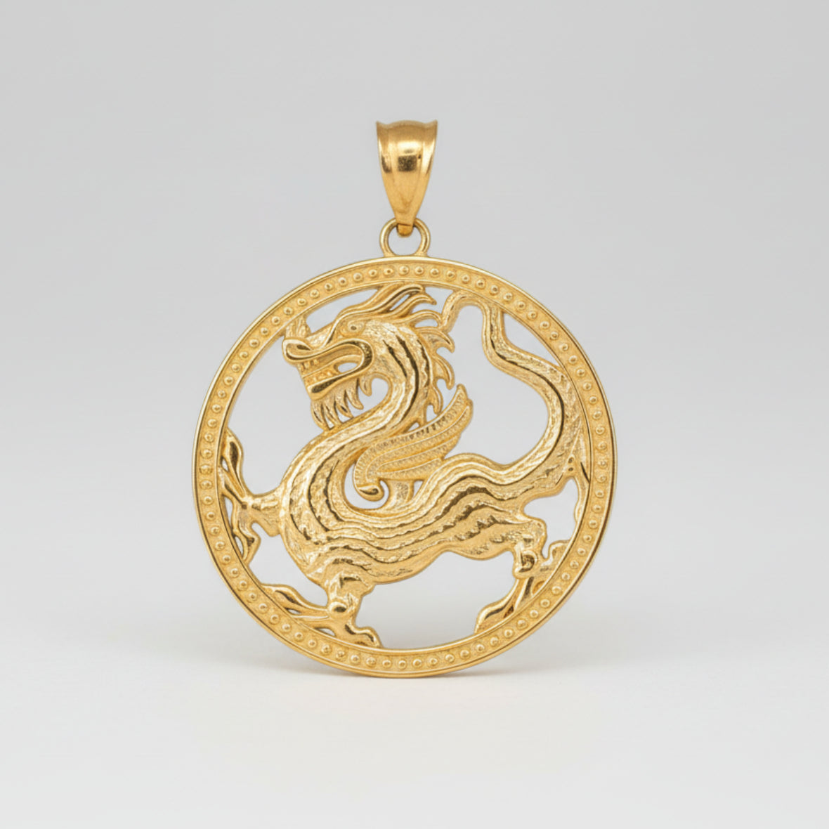 Gold Chinese Dragon Open Medallion Pendant Necklace (yellow, white, rose gold, 10k, 14k) Karma Blingz