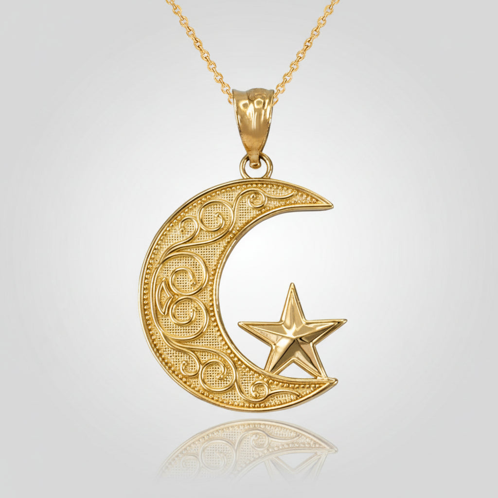 Gold Islamic Crescent Moon Pendant Necklace (yellow, white, rose gold, 10k, 14k) Karma Blingz