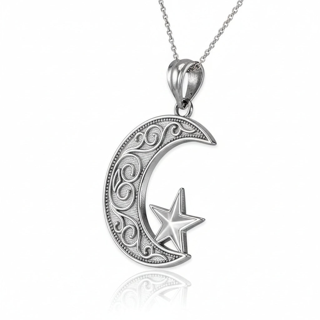 White Gold Islamic Crescent Moon Pendant Necklace (yellow, white, rose gold, 10k, 14k) Karma Blingz