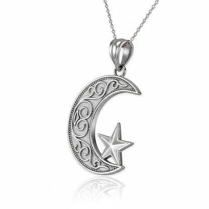 White Gold Islamic Crescent Moon Pendant Necklace (yellow, white, rose gold, 10k, 14k) Karma Blingz