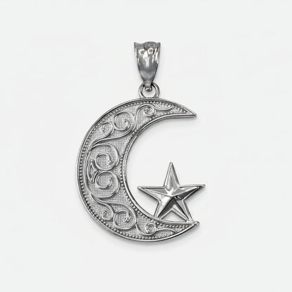 White Gold Islamic Crescent Moon Pendant Karma Blingz