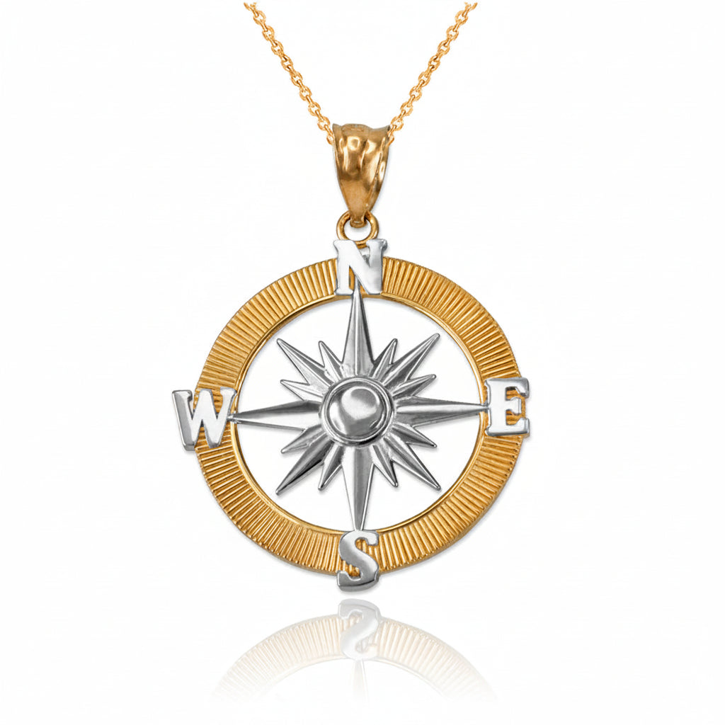 Gold Compass Pendant Necklace (yellow, white, rose gold, 10k, 14k) Karma Blingz