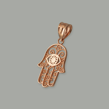Gold Hamsa Evil Eye Filigree Charm Necklace (yellow, white, rose gold, 10K, 14K) Karma Blingz