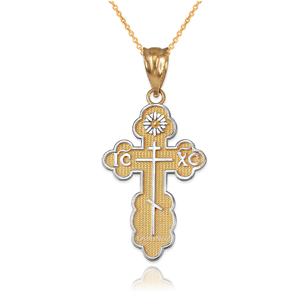 Gold Eastern Orthodox St. Olga Cross Pendant Necklace (yellow, white, rose, 2-tone gold, 10K, 14K) Karma Blingz