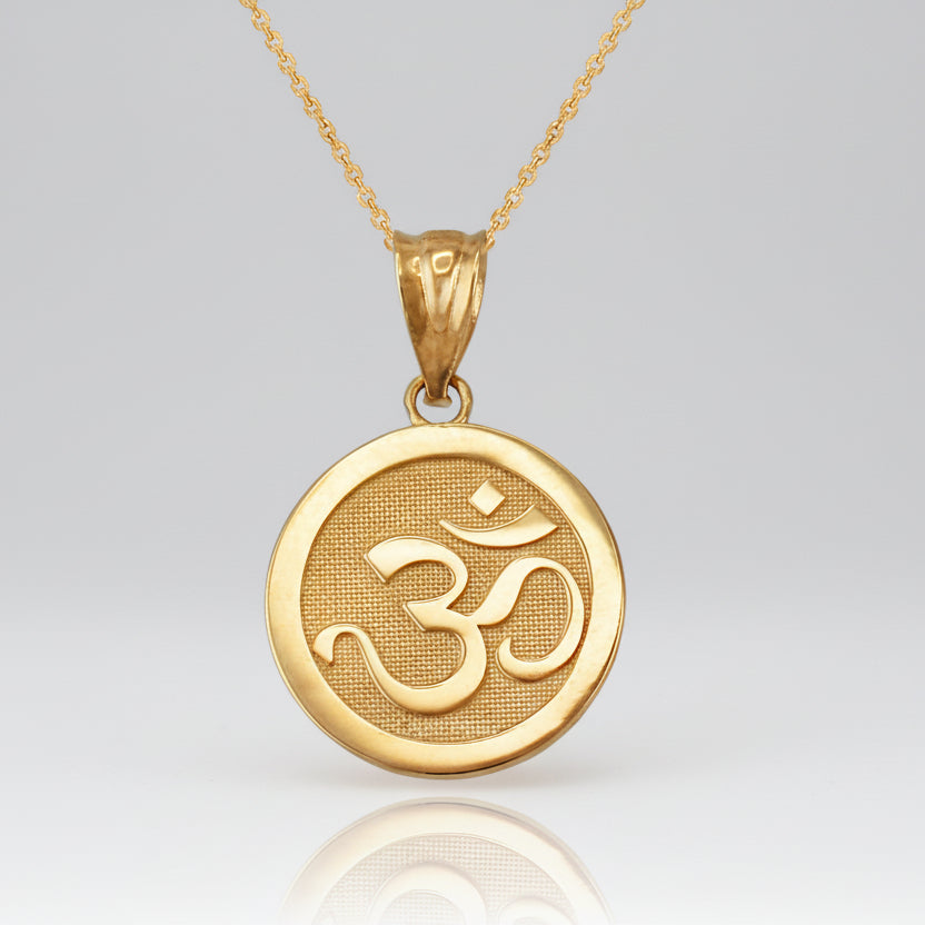Gold Om Yoga Medallion Charm Necklace (yellow, white, rose gold, 10K, 14K) Karma Blingz