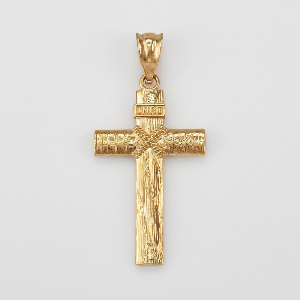 Gold Woodgrain Rope INRI Cross Pendant Necklace (10K, 14K, yellow, white, rose gold) Karma Blingz