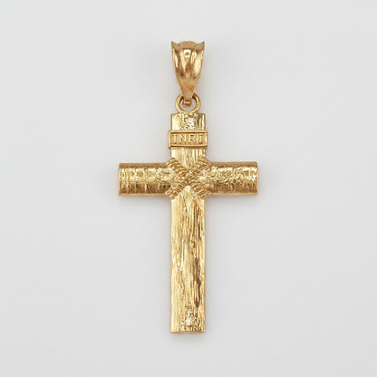 Gold Woodgrain Rope INRI Cross Pendant Necklace (10K, 14K, yellow, white, rose gold) Karma Blingz