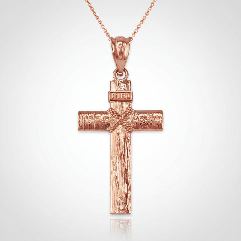 Gold Woodgrain Rope INRI Cross Pendant Necklace (10K, 14K, yellow, white, rose gold) Karma Blingz