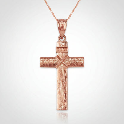 Gold Woodgrain Rope INRI Cross Pendant Necklace (10K, 14K, yellow, white, rose gold) Karma Blingz