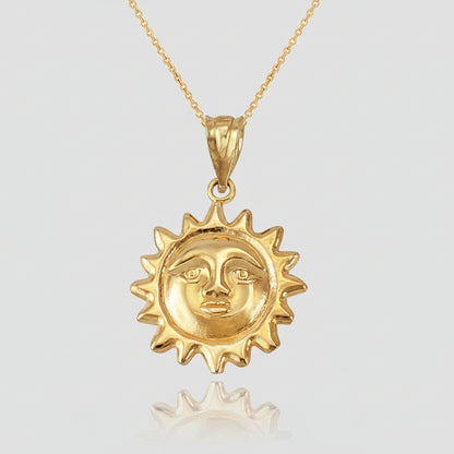 Gold Sun Face Celestial Pendant Necklace (yellow, white, rose gold, 10k, 14k) Karma Blingz
