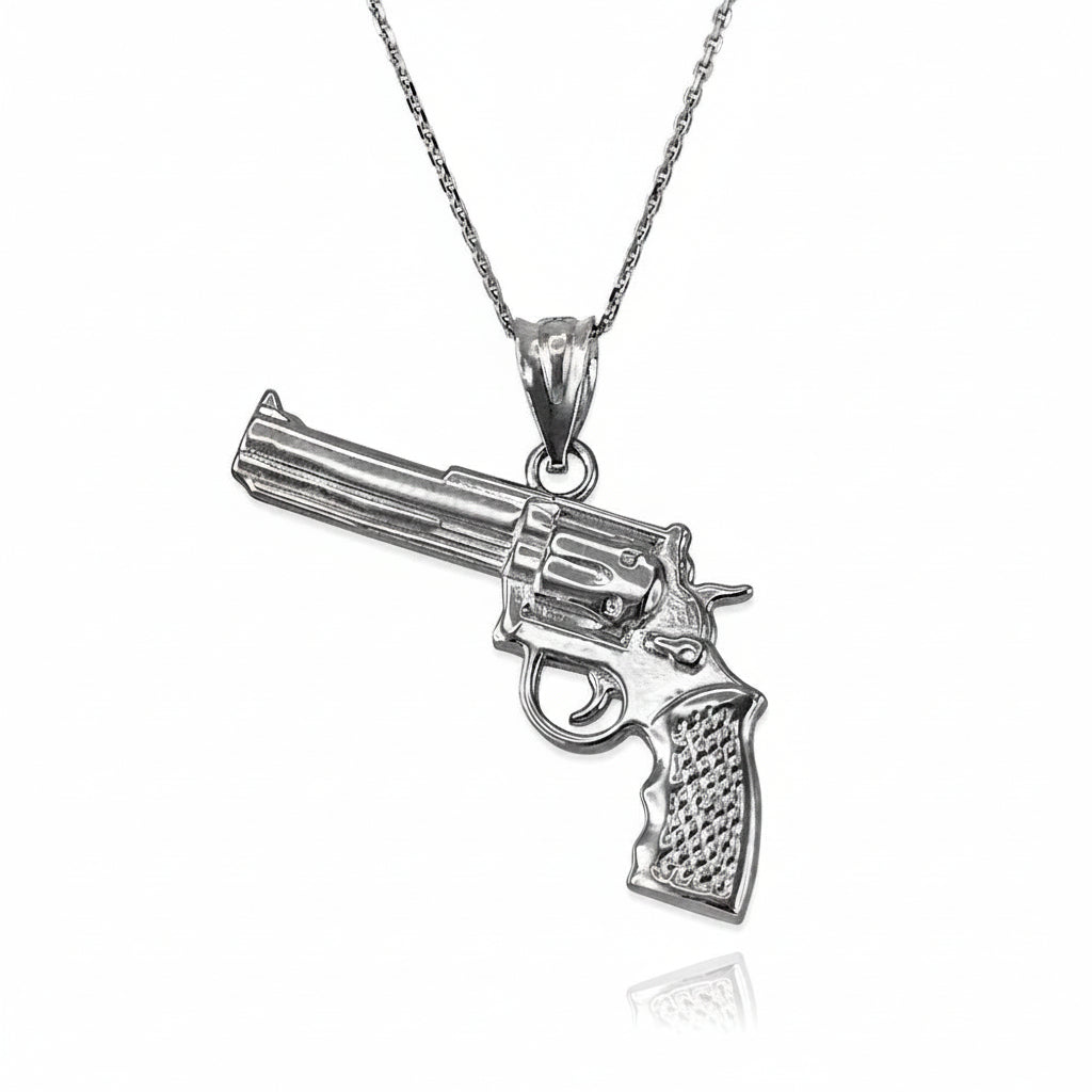 Sterling Silver Revolver Gun Pendant Necklace Karma Blingz