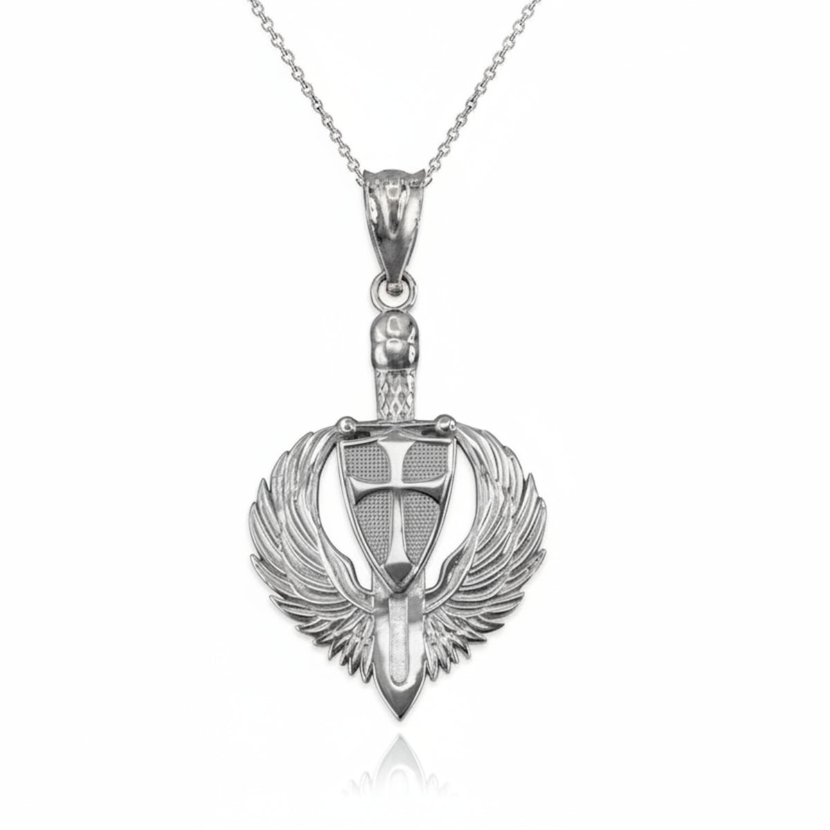 Sterling Silver Crusader Winged Sword and Shield Pendant Necklace Karma Blingz
