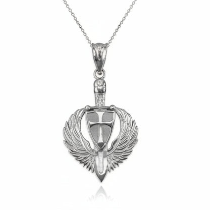 Sterling Silver Crusader Winged Sword and Shield Pendant Necklace Karma Blingz