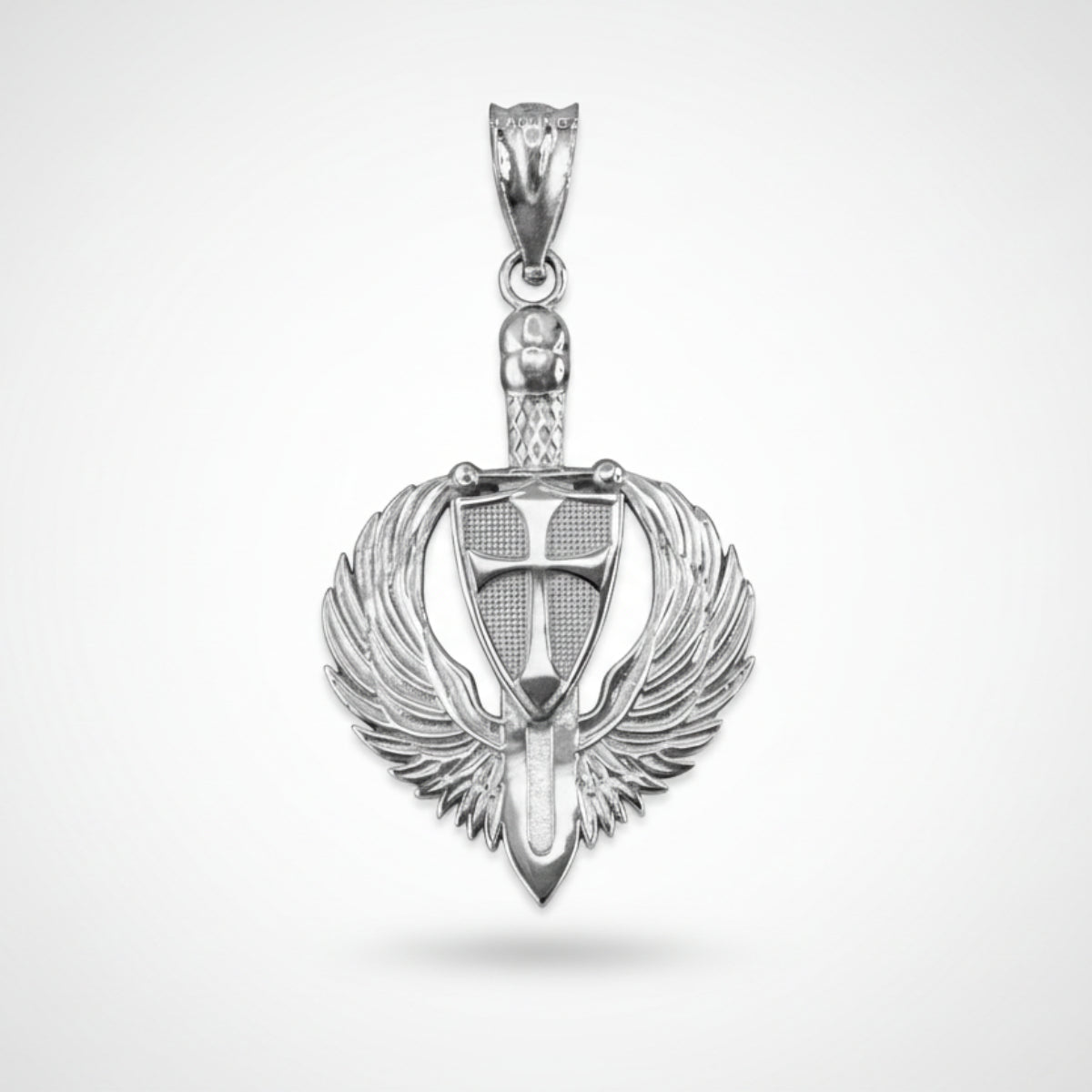 Sterling Silver Crusader Winged Sword and Shield Pendant Necklace Karma Blingz